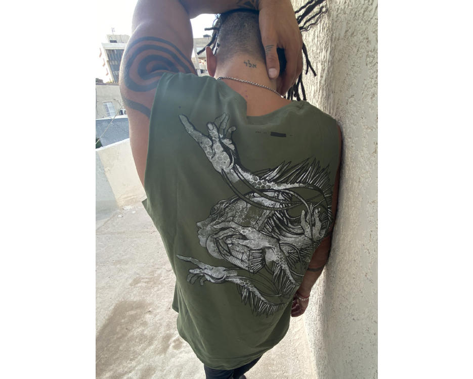 man tank top with a jally fish print in olive green